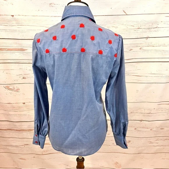 Vintage Boho Chambray Strawberry Embroidered Western Button Down Shirt - Picture 3 of 6